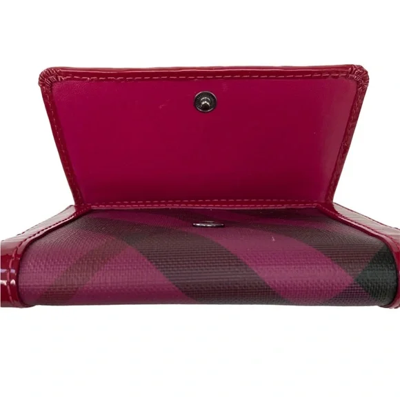 Burberry Nova Plaid Patent Leather Trim Bifold Wallet Magenta and Black